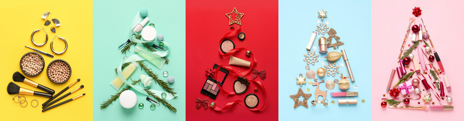 Set of Christmas trees made of makeup cosmetics and decor on color background