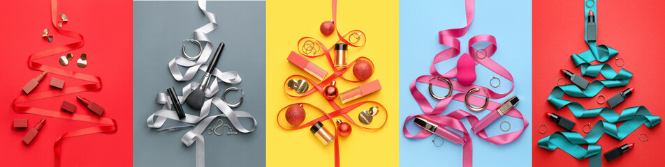 Collage of Christmas trees made of makeup cosmetics, jewelry and ribbons on color background - Powered by Adobe