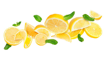 Fototapeta na wymiar Cut flying lemons and mint leaves isolated on white