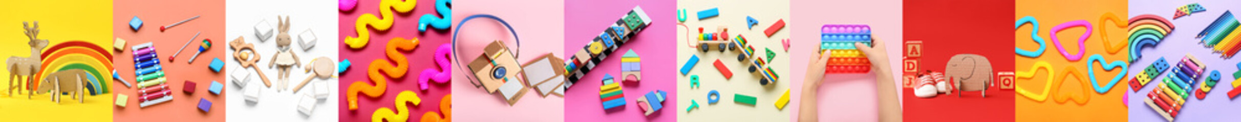Collage of kid's toys on color background