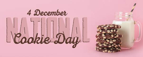 Delicious cookies with white chocolate chips and mason jar of milk on pink background. National Cookie Day