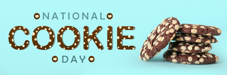 Tasty homemade cookies with white chocolate chips and text NATIONAL COOKIE DAY on blue background