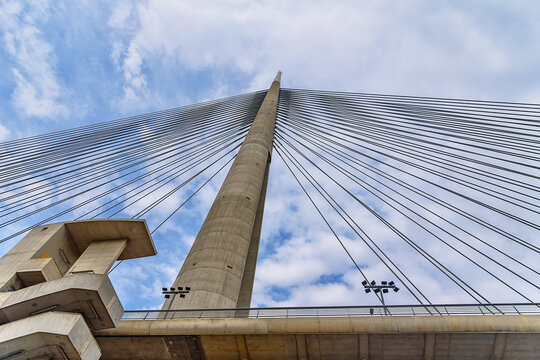 Belgrade, Serbia - June 08 , 2022:The Ada bridge (Most na Adi) is a cable-stayed bridge over the Sava river in Belgrade, Serbia. Ada bridge in Belgrade Serbia with one pylon