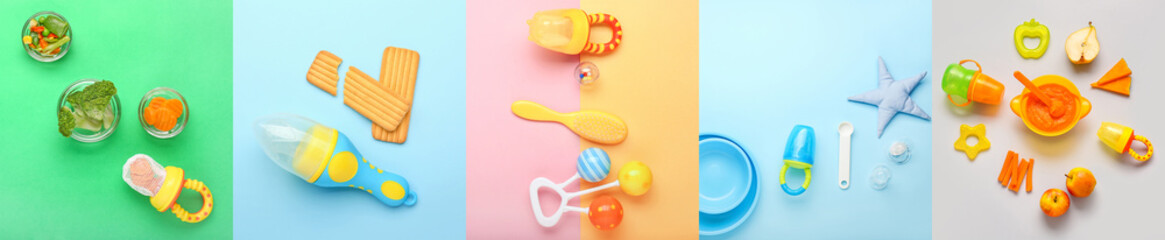 Collage of baby nibblers with food and accessories on color background, top view