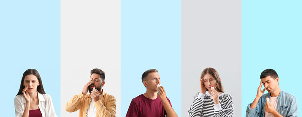 Different people having nosebleed on color background