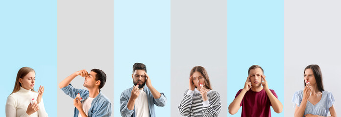 Set of different people having nosebleed on color background