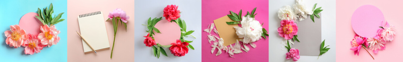 Obraz na płótnie Canvas Collage of beautiful peony flowers with empty paper sheets and notebook on color background