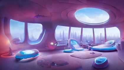 futuristic bedroom, luxurious room with panorama windows