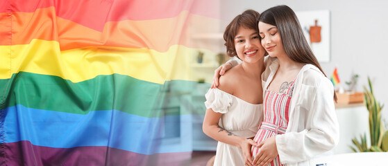 Banner with young pregnant lesbian couple and LGBT flag
