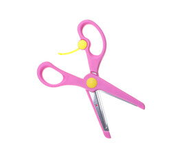 Pink scissors on white background