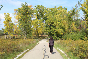 Obraz premium Woman walking in on a trail at Miami Woods in Morton Grove, Illinois in autumn