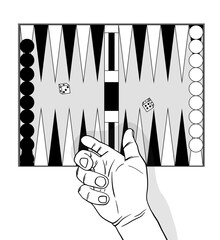 black and white illustration Tables game. backgammon sketch with arm. throwing dice