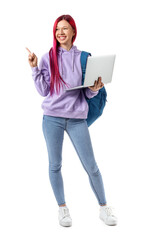 Young female student with bright unusual hair holding laptop and pointing at something on white...