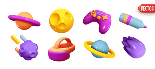 Set realistic 3d objects in cartoon style. Game joystick, gamepad, futuristic planets with ring, meteorite asteroid, comet with fire, virtual reality goggles helmet, marker pencil. Vector illustration