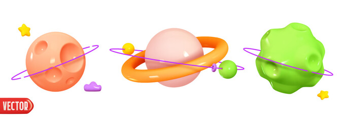 Abstract set 3d planets. fantastic collection of planets Venus, Mars, Jupiter, Saturn. Realistic design in cartoon plastic style. Space fantasy round planets with rings. vector illustration. © lauritta