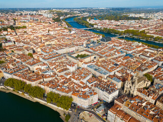 Panoramic view from drone of cityscape of Lyon in autumn day, France..