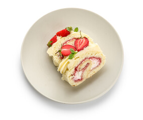 Plate with slices of delicious strawberry roll cake on white background