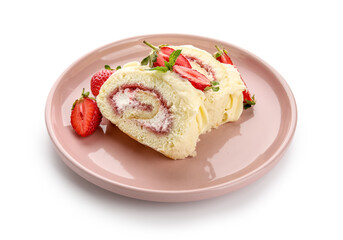 Plate with slices of delicious strawberry roll cake on white background