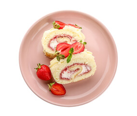 Plate with slices of delicious strawberry roll cake isolated on white background