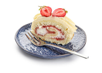 Plate with slice of tasty strawberry roll cake on white background