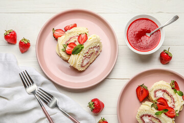 Composition with slices of tasty strawberry roll cake and sweet jam on light wooden background