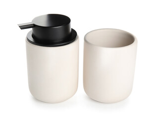 Toothbrush holder and container for liquid soap on white background