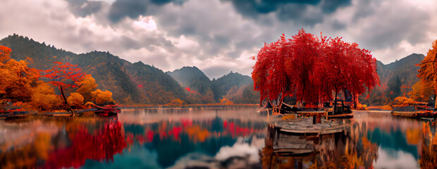 Schönes Panorama des Herbstlaubs im See. Herbstliche Waldseereflexion. Herbstwald spiegelt sich im Seewasser wider. 3D-Rendering © Viks_jin