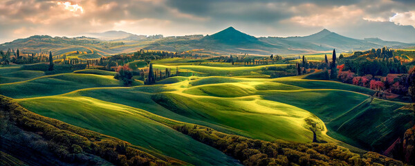 Mooie en wonderbaarlijke kleuren van het groene landschap van het de lentepanorama van Toscanië, Italië. Toscane landschap met graanvelden, cipressen en huizen op de heuvels bij zonsondergang.
