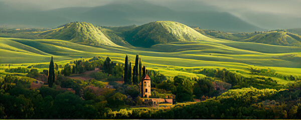 Schöne und wundersame Farben der grünen Frühlingspanoramalandschaft von Toskana, Italien. Toskana-Landschaft mit Getreidefeldern, Zypressen und Häusern auf den Hügeln bei Sonnenuntergang. © Viks_jin