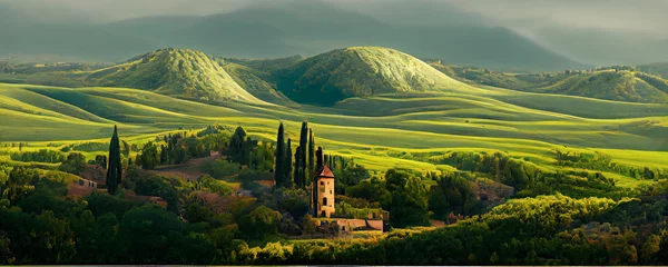 Schöne und wundersame Farben der grünen Frühlingspanoramalandschaft von Toskana, Italien. Toskana-Landschaft mit Getreidefeldern, Zypressen und Häusern auf den Hügeln bei Sonnenuntergang. © Viks_jin