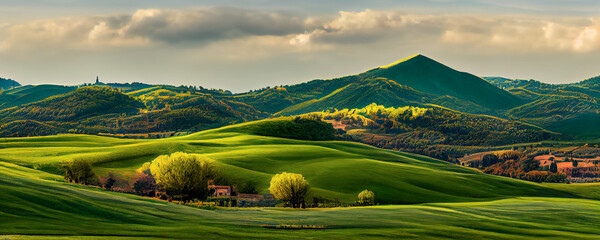 Beautiful and miraculous colors of green spring panorama landscape of Tuscany, Italy. Tuscany landscape with grain fields, cypress trees and houses on the hills at sunset.  © Viks_jin