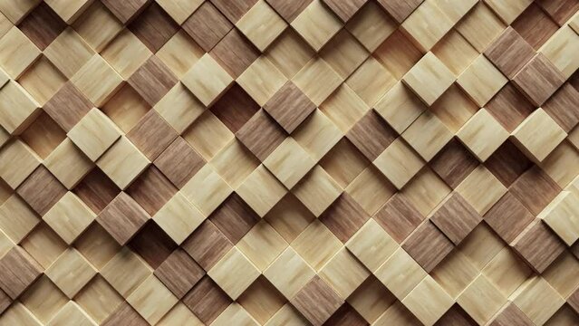 Abstract motion background from random moving wooden cubes, seamless loop animation