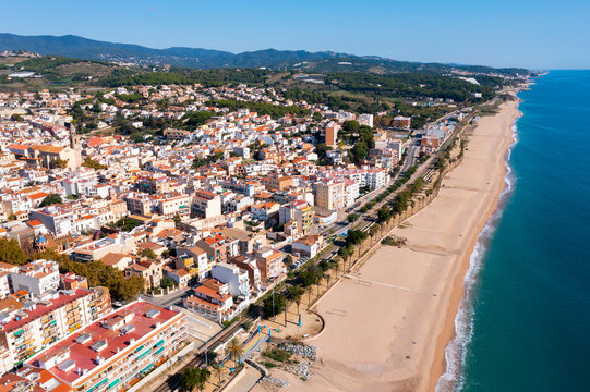 Drone picture over Costa Brava coastal and Mediterranean sea, village Canet de Mar, Spain