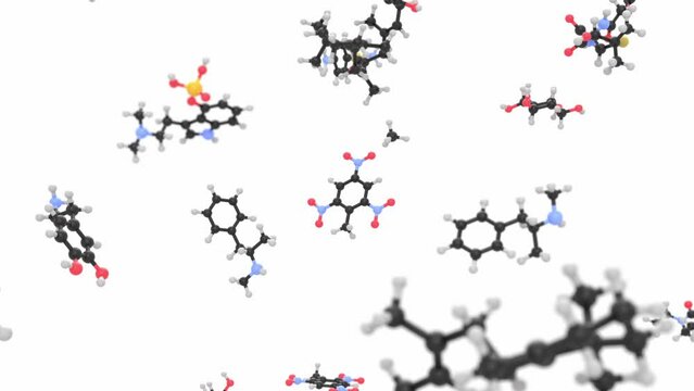 compound organic molecules 3d representation, chemistry animation. Can be used to represent biochemistry, nanotechnology research or microscopic world