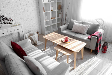 Interior of modern living room with grey sofas, table and tree branches