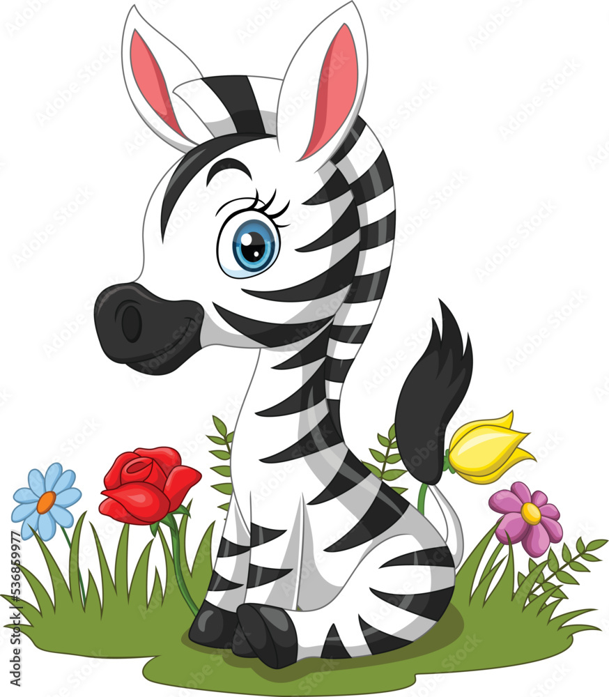 Canvas Prints Cartoon baby zebra sitting in the grass