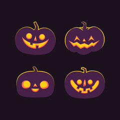 Set of carved halloween pumpkins. Jack o Lantern glowing inside with smile for your design for the holiday. Cute and fun vector illustration.