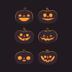 Set of carved halloween pumpkins. Jack o Lantern glowing inside with smile for your design for the holiday. Cute and fun vector illustration.