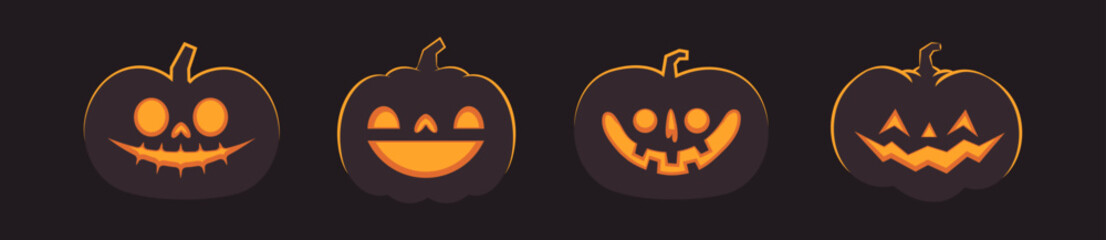 Set of carved halloween pumpkins. Jack o Lantern glowing inside with smile for your design for the holiday. Cute and fun vector illustration.