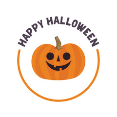 Happy halloween badge with carved pumpkin cartoon illustration. Cute spooky design.