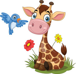 Cartoon little giraffe with blue bird in the grass