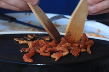 Meat on a table top grill, Dutch Gourmetten