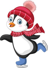 Cartoon penguin ice skating on white background