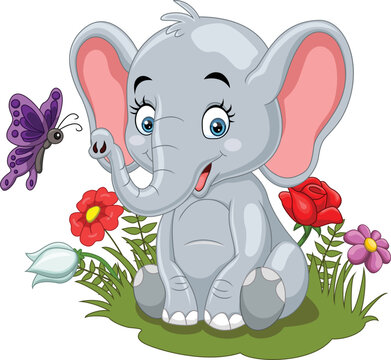 Cartoon baby elephant with butterfly in the grass