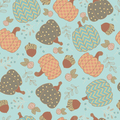 Vector blue fall pumpkins seamless pattern background. Perfect for fabric, scrapbooking, wallpaper, stationary, paper products projects.

