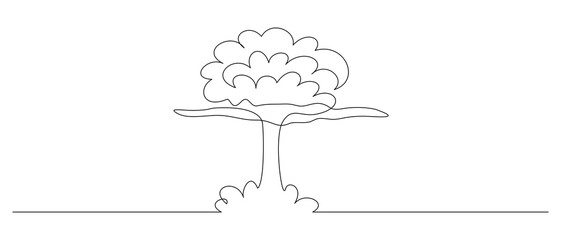 One continuous line drawing of Atomic bomb explosion. Nuclear mushroom cloud symbol of war catastrophe and apocalypse in simple linear style. Editable stroke. Doodle vector illustration