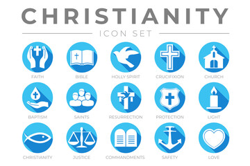 Blue Christianity Icon Set with Faith, Bible, Crucifixion , Baptism, Church, Resurrection, Holy Spirit, Saints, Commandments,Light, Protection, Justice, Safety and Love Color Icons - obrazy, fototapety, plakaty