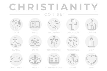 Fototapeta na wymiar Round Gray Outline Christianity Icon Set with Faith, Bible, Crucifixion , Baptism, Church, Resurrection, Holy Spirit, Saints, Commandments,Light, Protection, Justice, Safety and Love Thin Icons