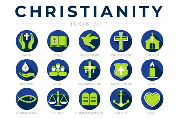 Round Blue and Green Christianity Icon Set with Faith, Bible, Crucifixion , Baptism, Church, Resurrection, Holy Spirit, Saints, Commandments,Light, Protection, Justice, Safety and Love Color Icons