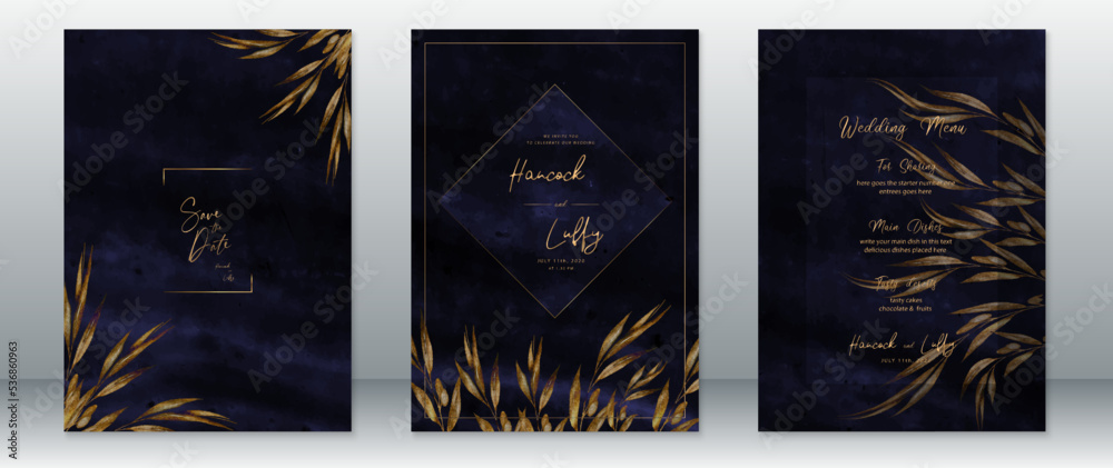Wall mural Wedding invitation card template luxury of gold design with golden frame, leaf and dark navy background - Wall murals